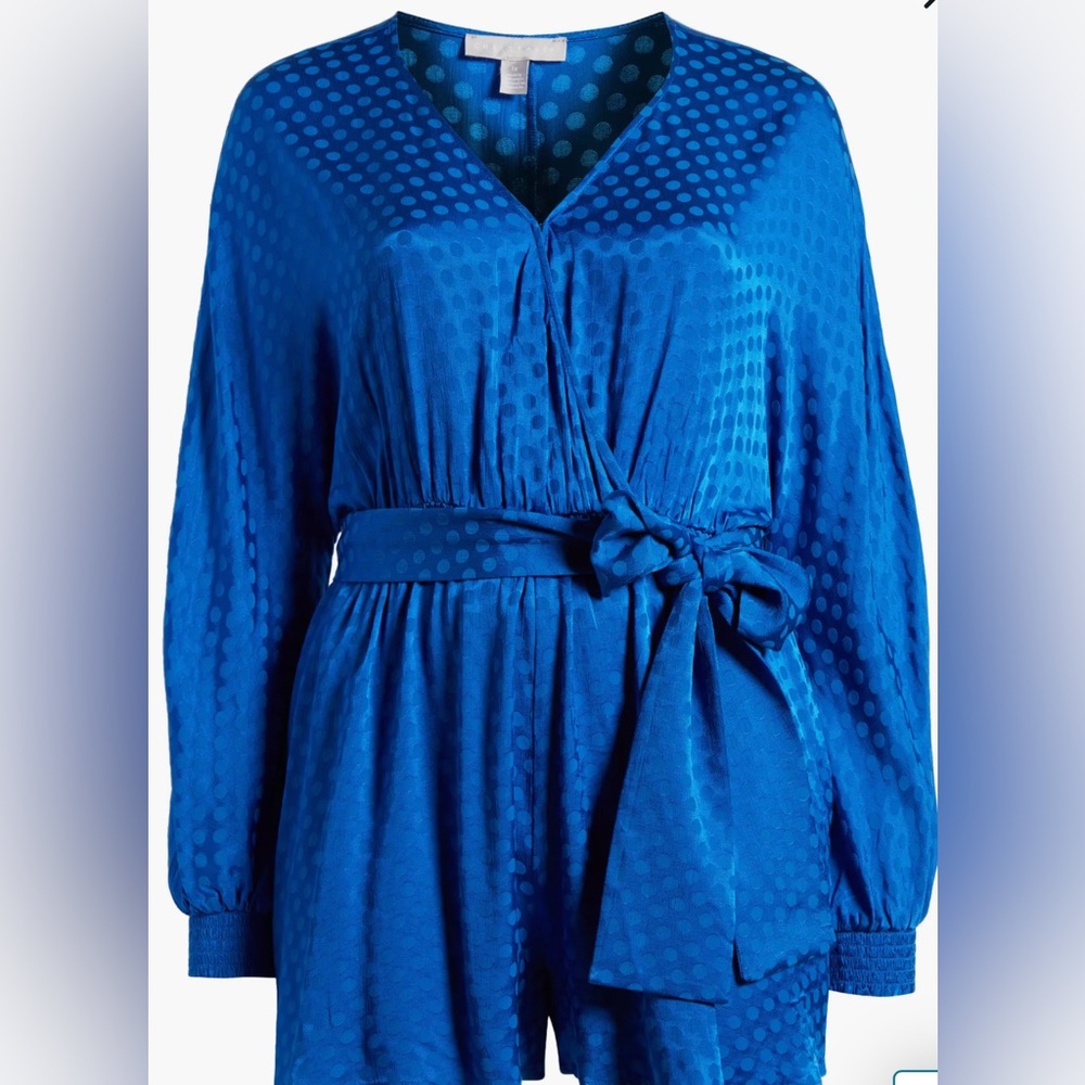 Chelsea28 Textured Dot Long Sleeve Satin Blue Marmara Romper (Plus) Women 1X NWT